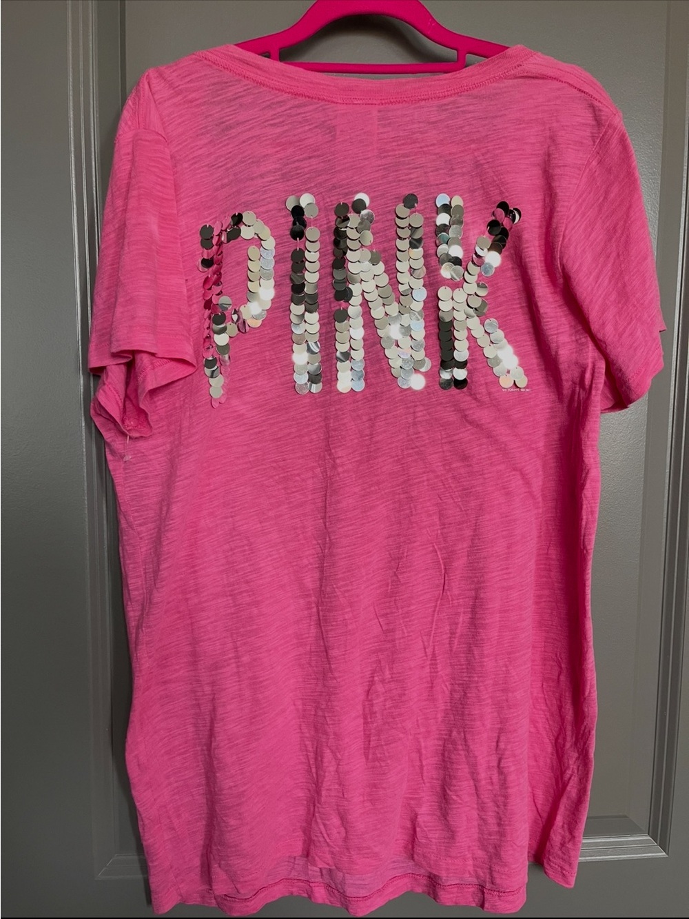 PINK Victoria's Secret Bright Pink Sequin Logo Tee